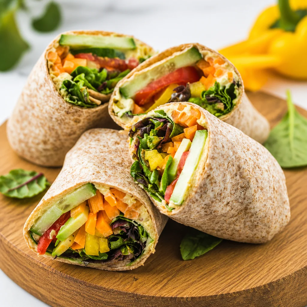 Easy Hummus Veggie Wrap with fresh vegetables perfect for a healthy lunch.