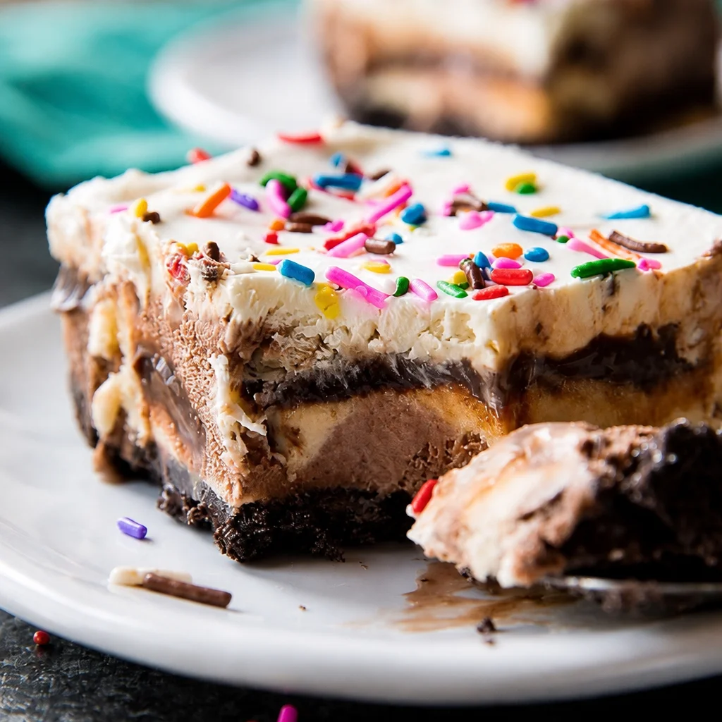 Delicious Easy Ice Cream Cake — No Bake Layered Dessert with colorful toppings