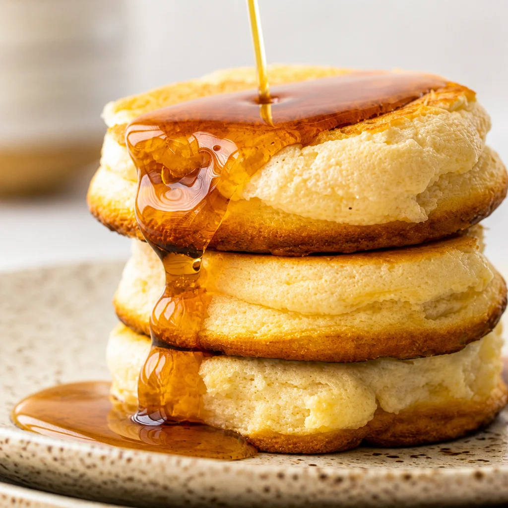 Delicious easy Japanese fluffy pancakes soufflé style topped with syrup and powdered sugar