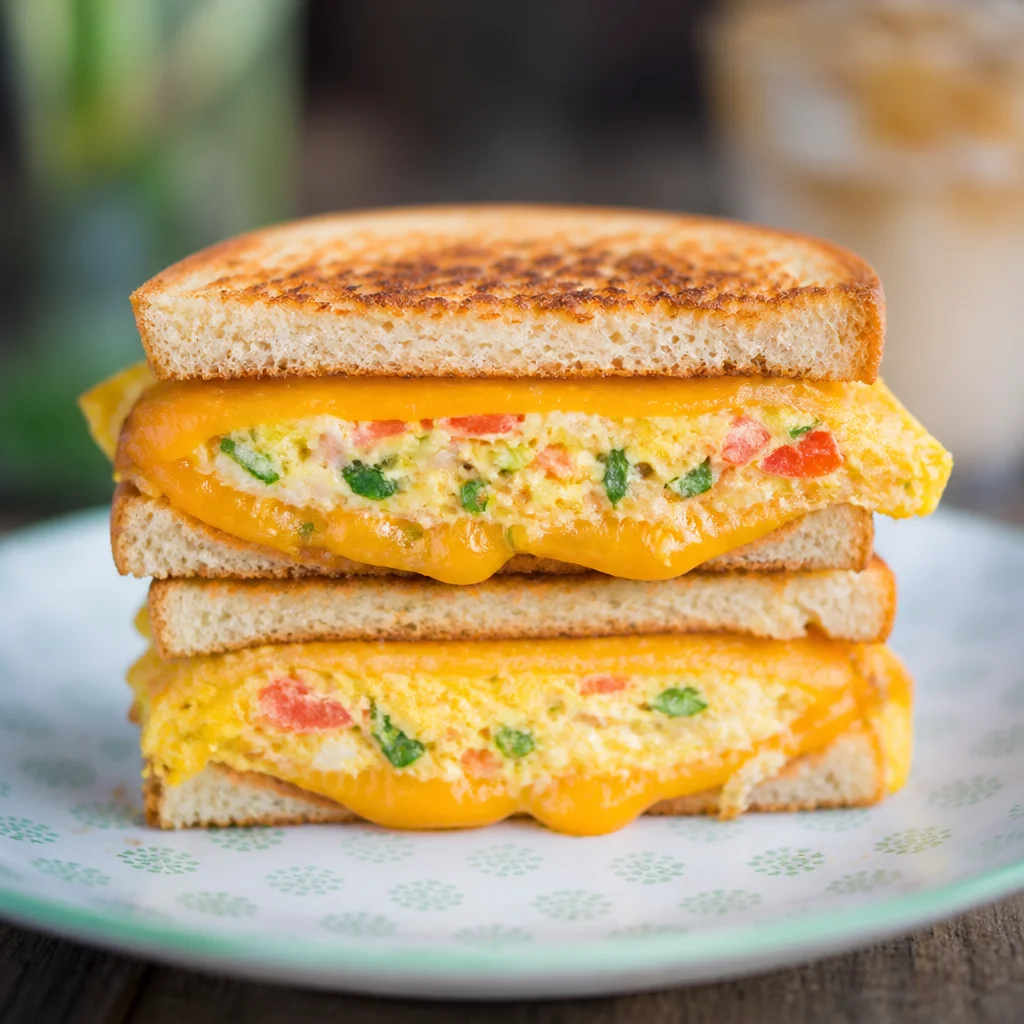 Delicious Easy Korean Egg Toast with veggies, eggs, and cheese on toasted bread.