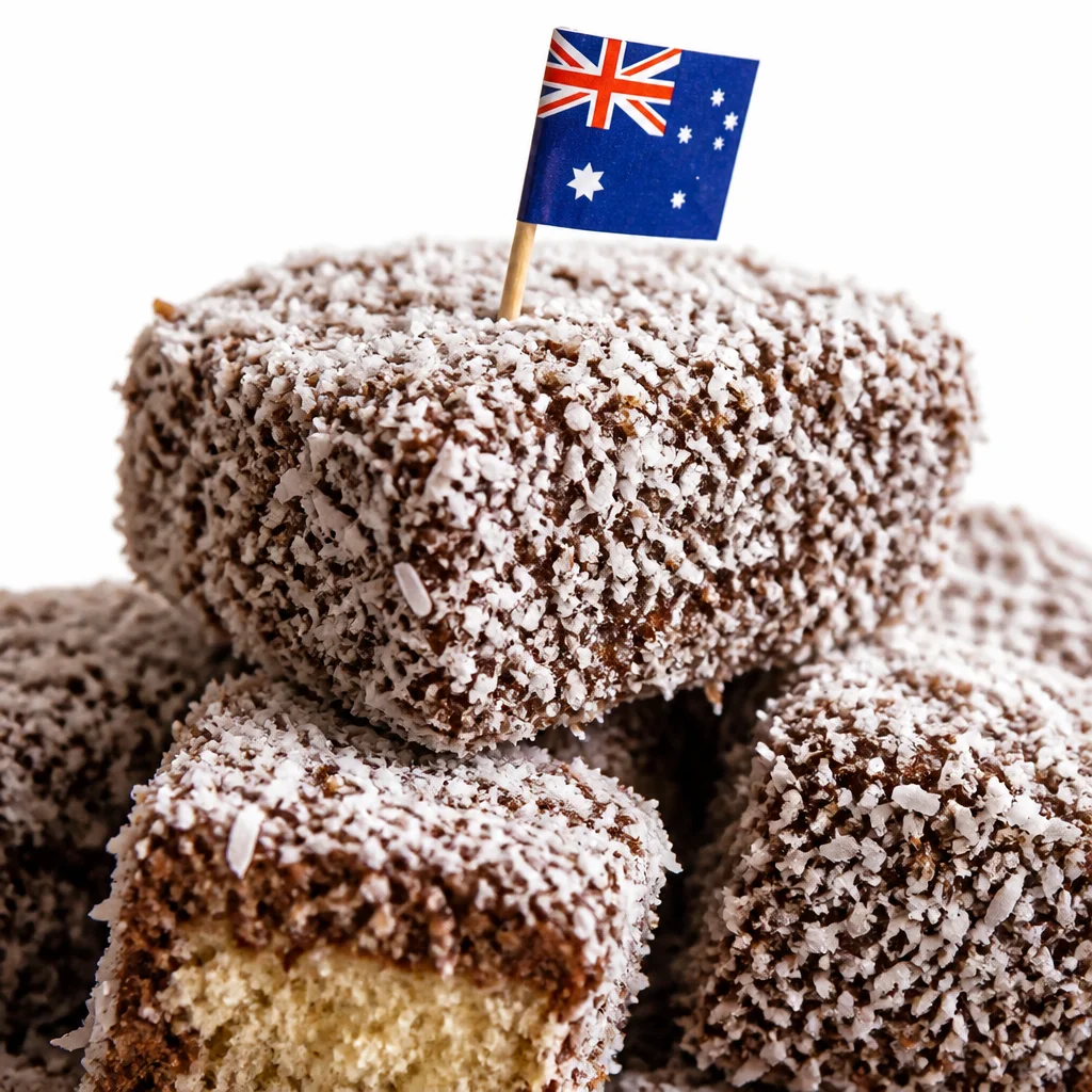 Easy Lamington Cake - fluffy vanilla sponge, chocolate glaze, covered in coconut.