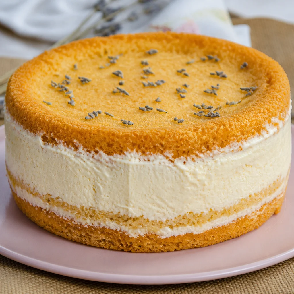 Easy Lavender Honey Cake with honey-sweetened whipped cream and delicate lavender flavor