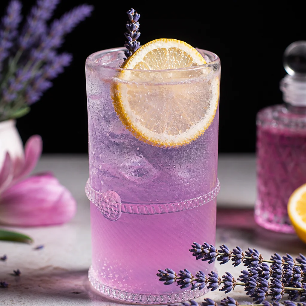 A tall glass of Easy Lavender Lemonade garnished with a lemon wheel and lavender sprig.