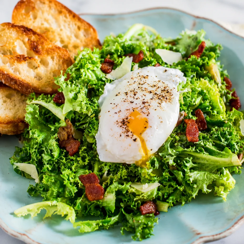 Easy Lyonnaise Salad with frisée lettuce, crispy bacon, and a poached egg topped with vinaigrette.