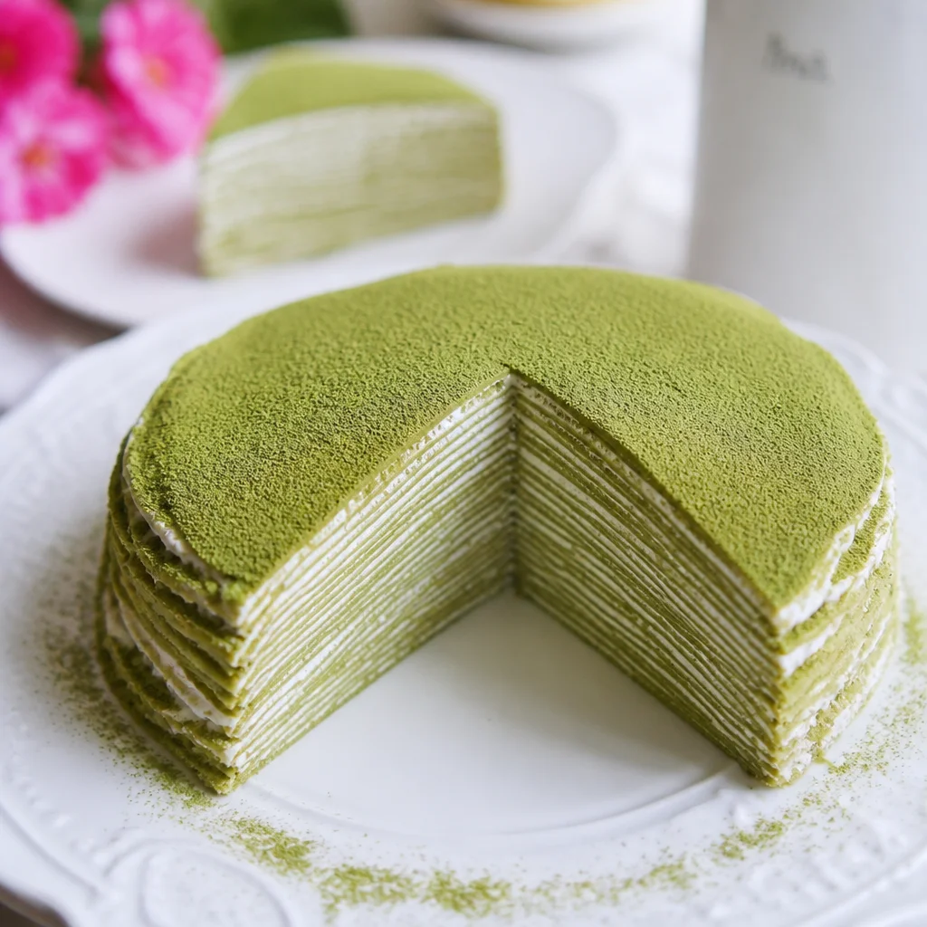 Easy Matcha Cake featuring layers of Japanese green tea sponge with creamy frosting.