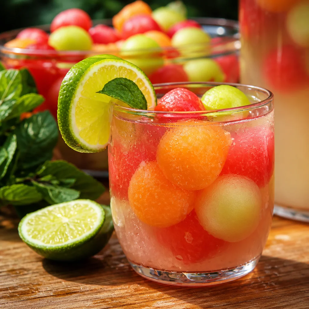 Colorful Easy Melon Ball Punch served in a glass with fresh melon balls and colorful fruit.