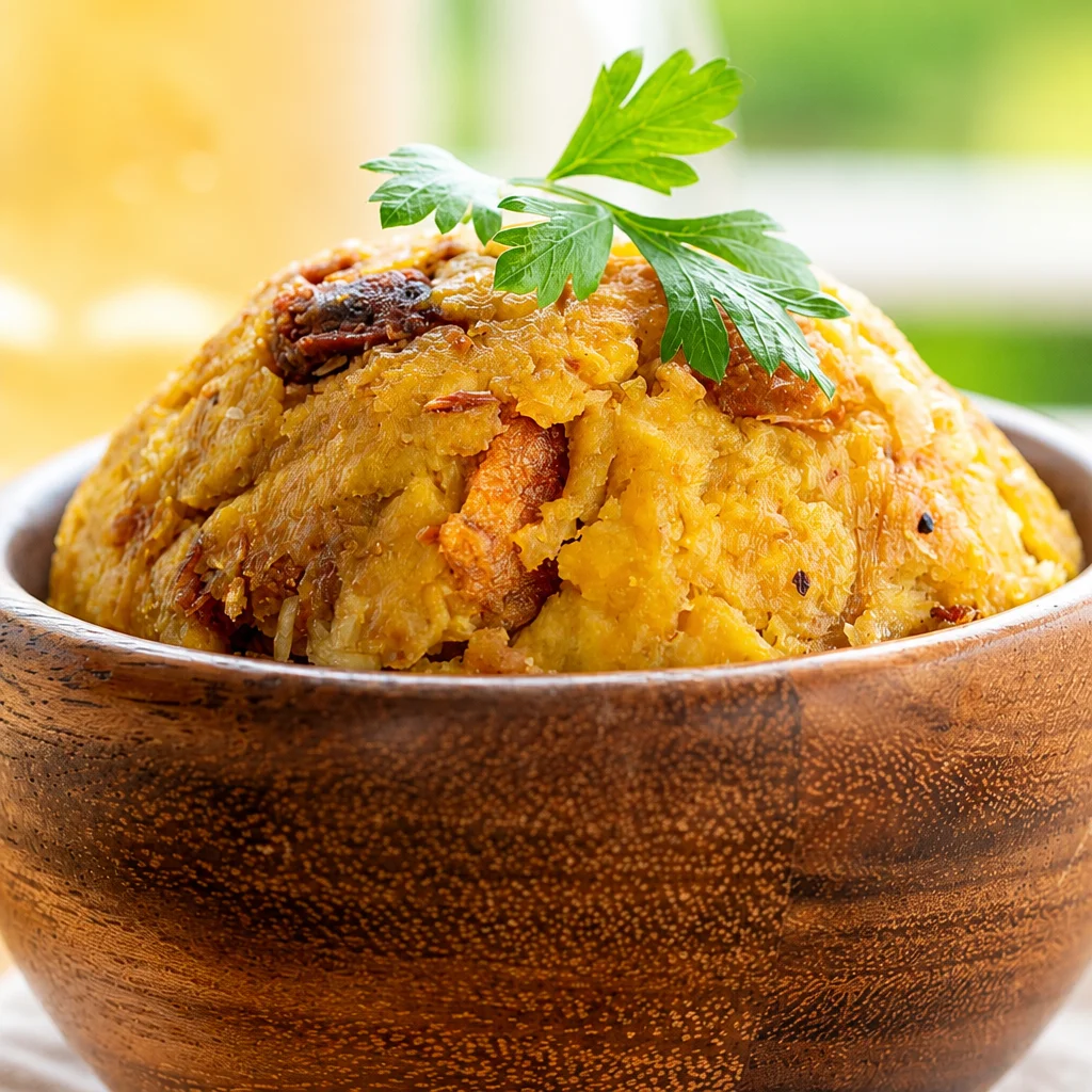 Bowl of Easy Mofongo made with fried plantains, garlic, and crunchy chicharrón.