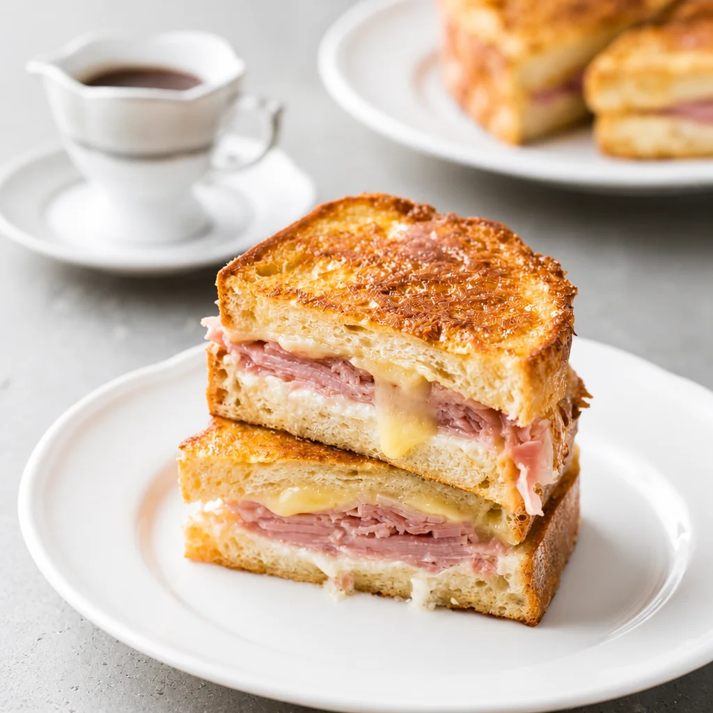 Easy Monte Cristo Sandwich with ham and cheese, fried French toast style.