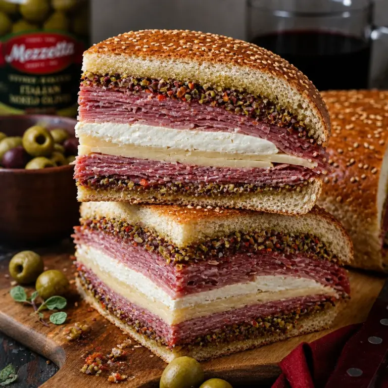 Easy Muffuletta sandwich featuring New Orleans olive salad with layers of meats and cheeses.