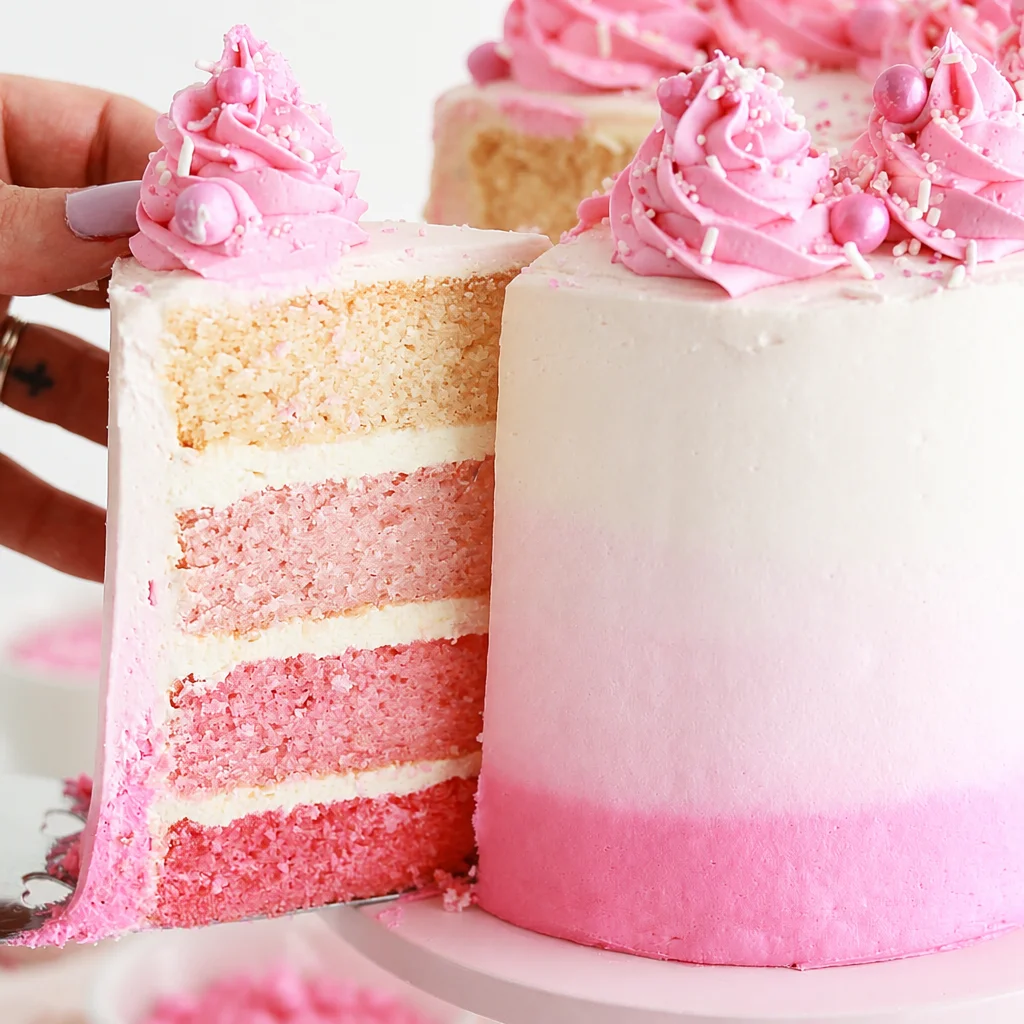 Easy Ombre Cake featuring a gradient effect from blue to pink with buttercream frosting.