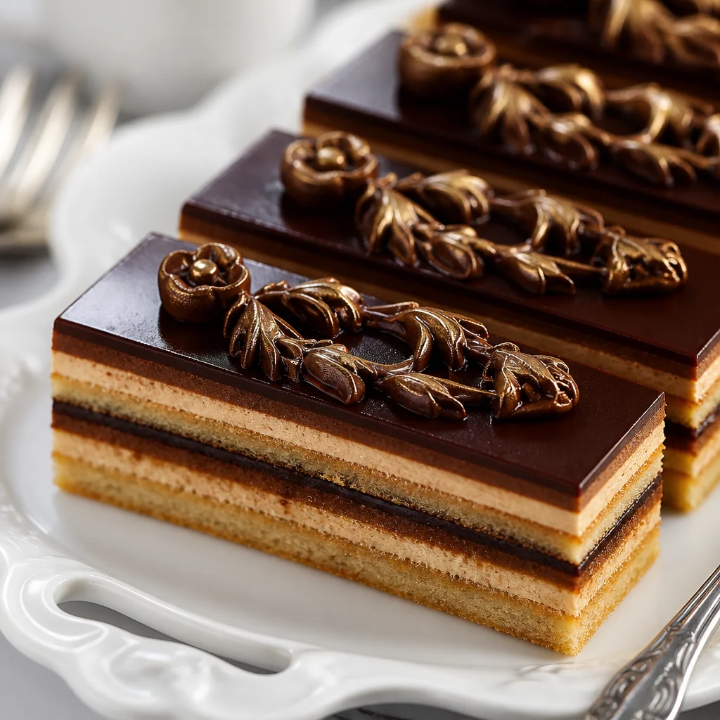 Slice of Easy Opera Cake with layers of almond, coffee buttercream, and chocolate ganache.