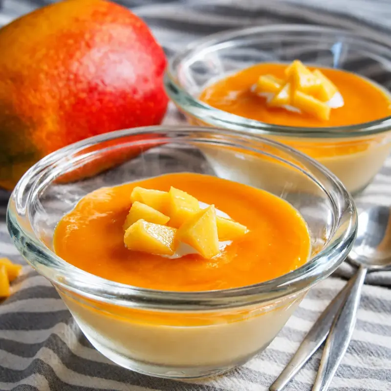 Delicious Easy Panna Cotta with Mango, a creamy Italian dessert topped with mango puree.