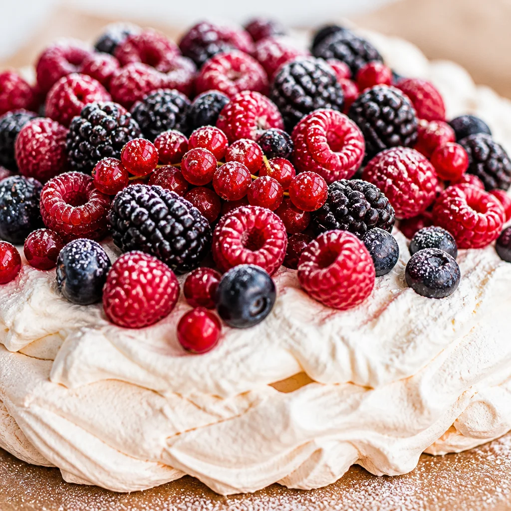 Easy Pavlova dessert topped with fresh berries and whipped cream on a plate.