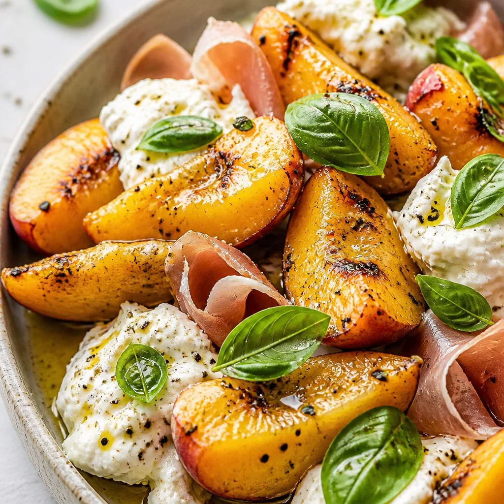 Easy Peach Burrata Salad with prosciutto and fresh summer peaches.
