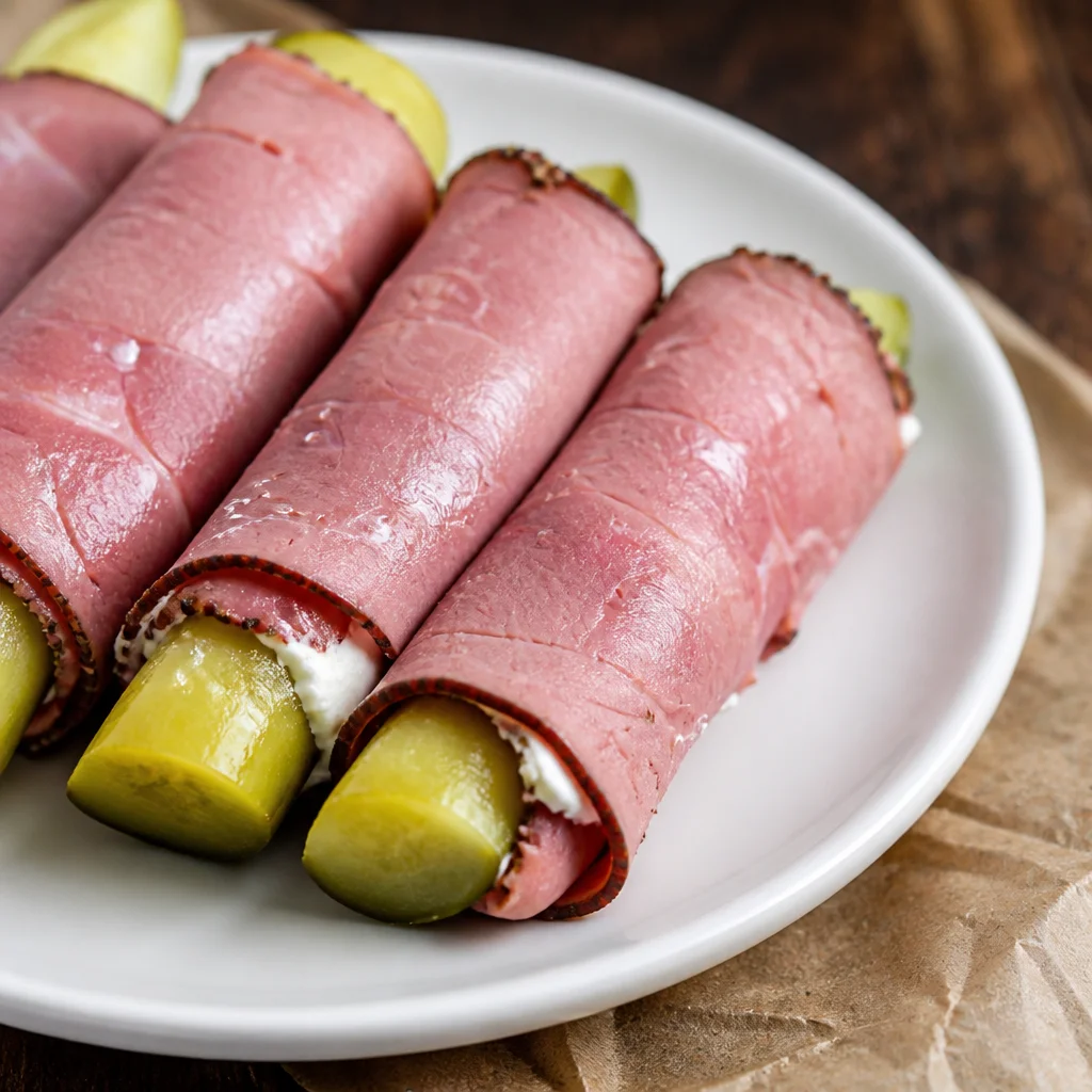 Easy Pickle Roll Ups made with cream cheese and deli meat, perfect for snacks.