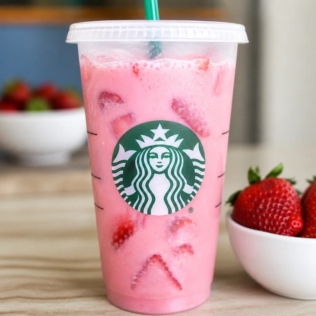 Homemade Easy Pink Drink inspired by Starbucks with fresh strawberries and coconut milk.