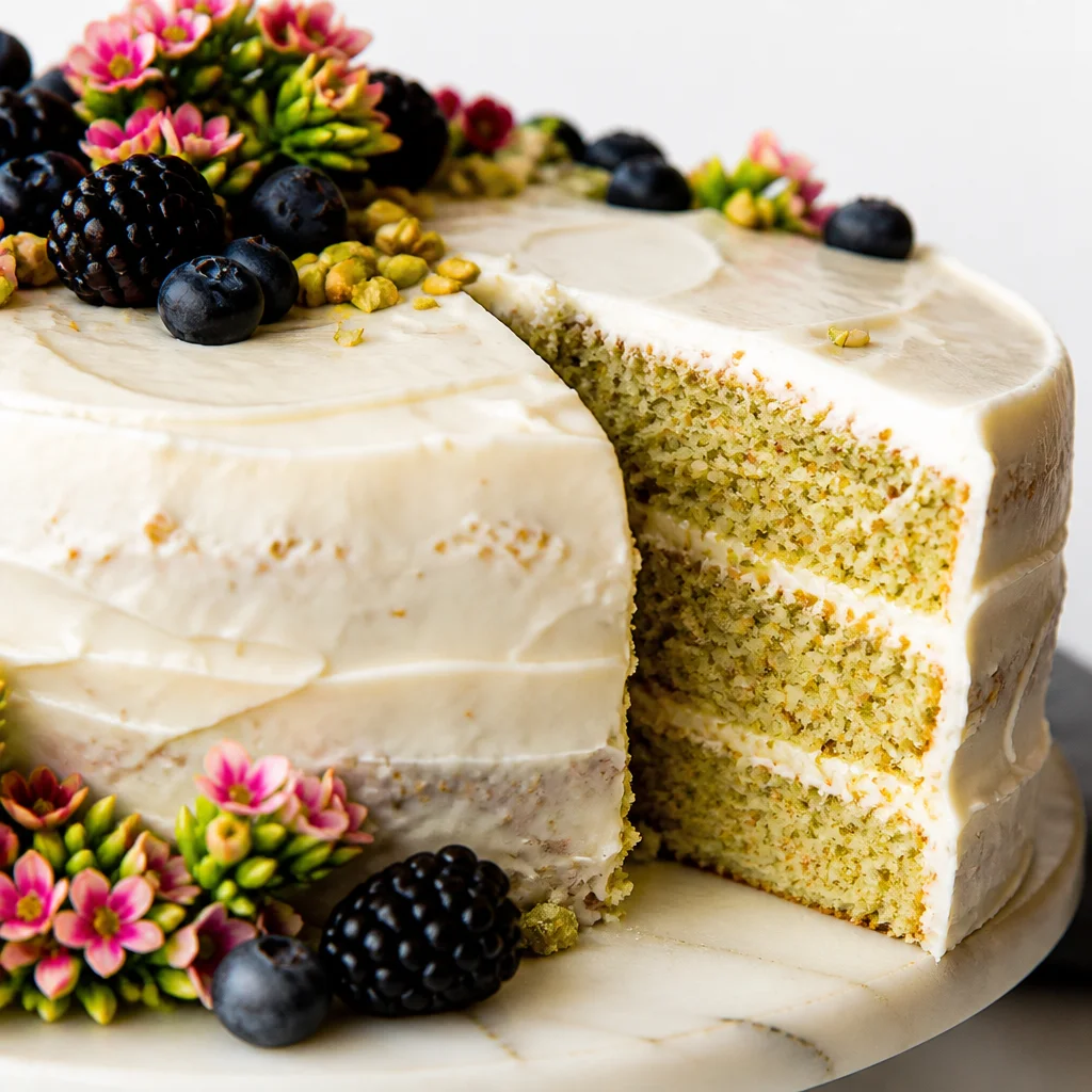 Deliciously moist Easy Pistachio Cake topped with creamy green cream cheese frosting