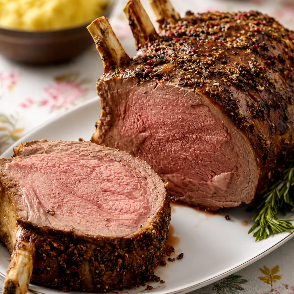 Easy Prime Rib Roast with Mushroom Gravy served for holiday dinner
