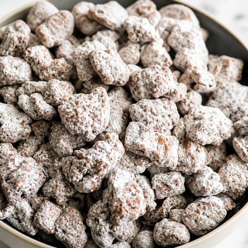 Bowl of Easy Puppy Chow — Muddy Buddies with chocolate, peanut butter, and powdered sugar.