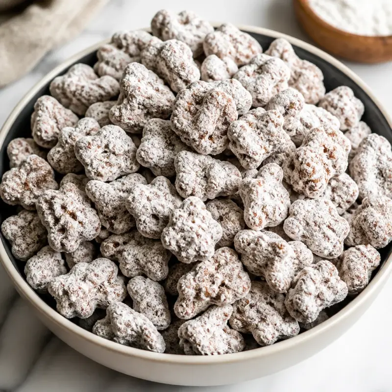 Bowl of Easy Puppy Chow Muddy Buddies made with chocolate and peanut butter
