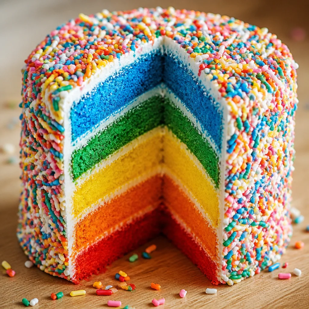 Colorful Easy Rainbow Layer Cake decorated with vibrant sprinkles for a birthday party.