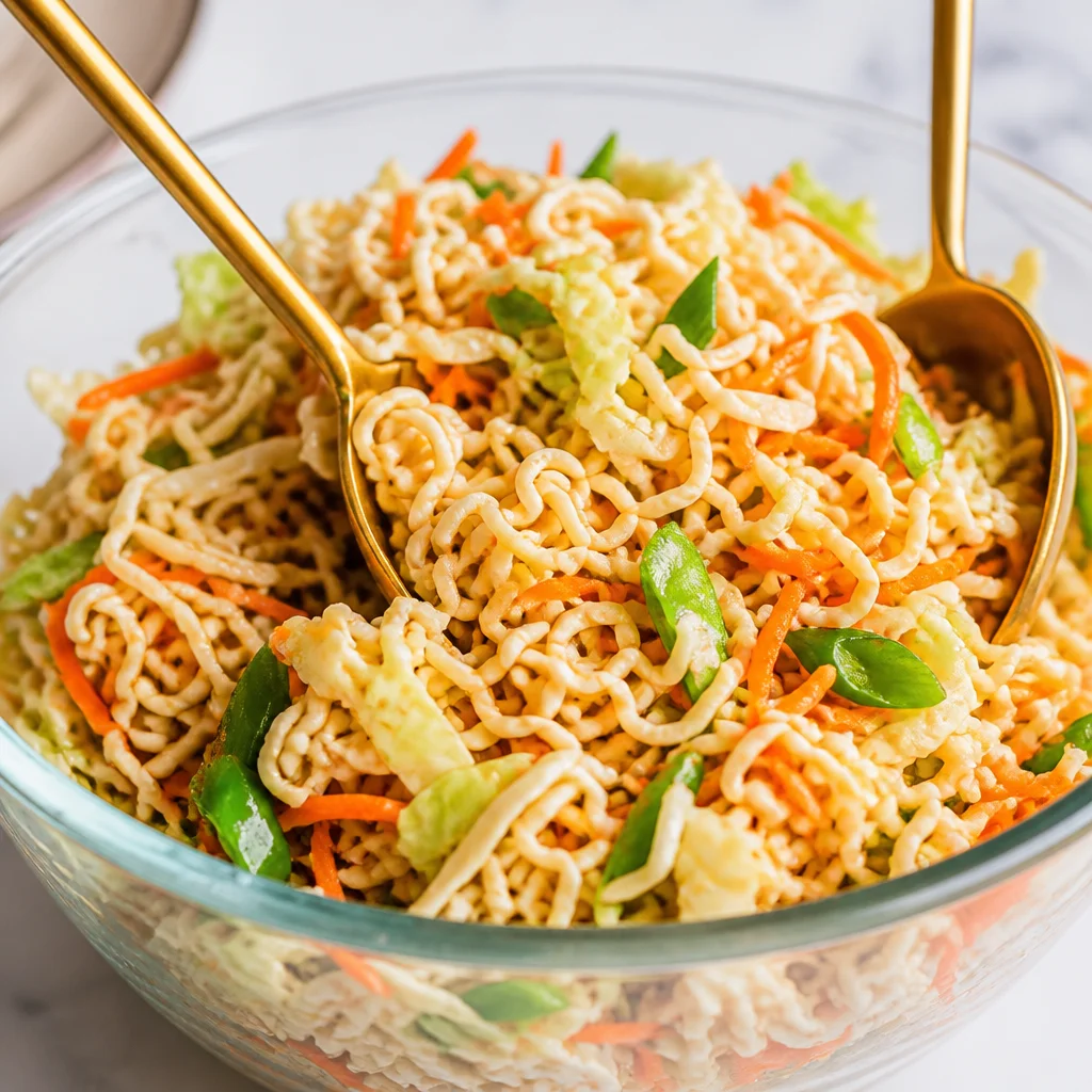 Crunchy Asian Ramen Noodle Salad with cabbage, almonds, and a tangy dressing