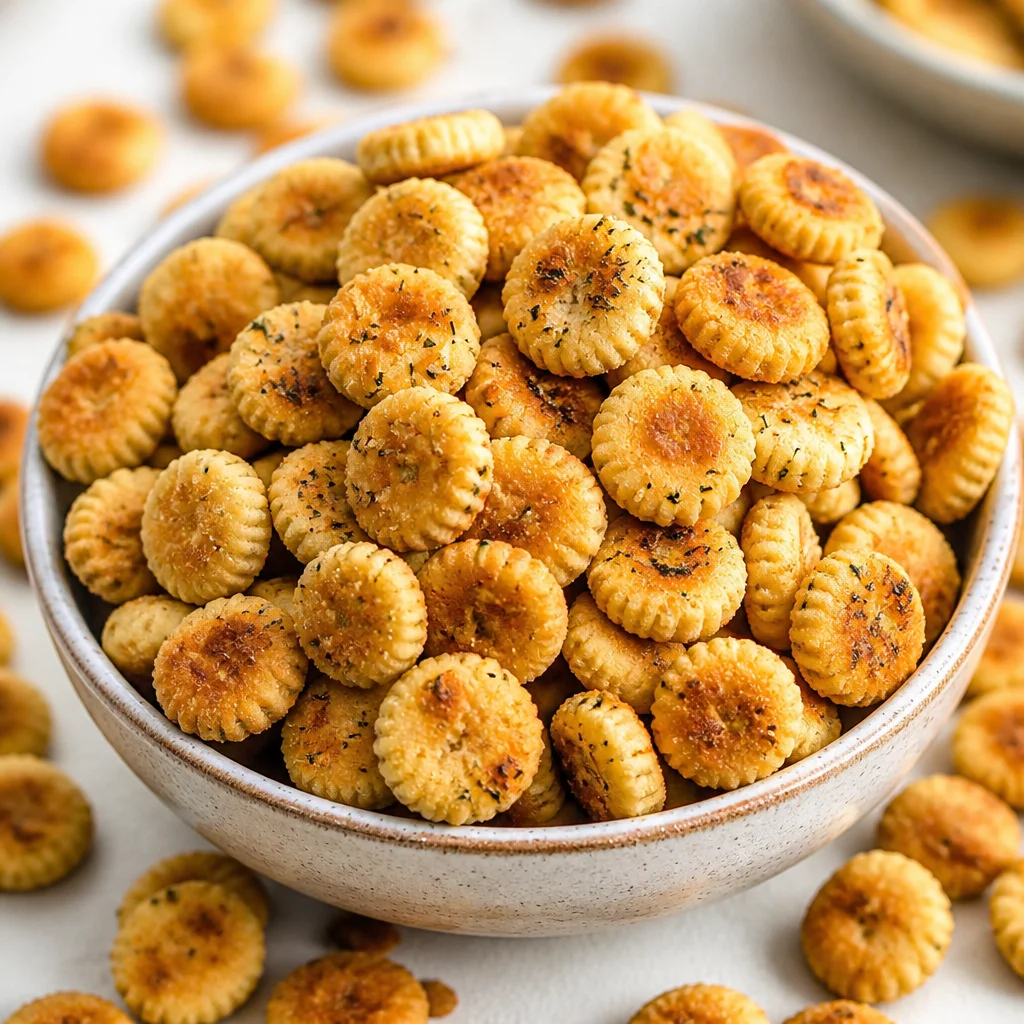 Bowl of Easy Ranch Oyster Crackers seasoned with herbs and spices.