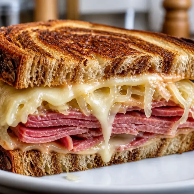 Easy Reuben Sandwich with corned beef, sauerkraut, and Swiss cheese on rye bread