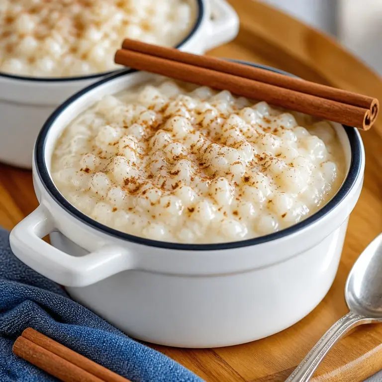 Bowl of creamy Easy Rice Pudding flavored with vanilla and cinnamon on stovetop.