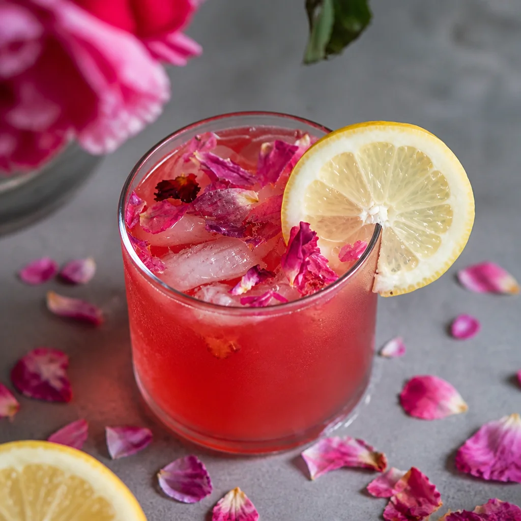 A refreshing glass of Easy Rose Lemonade garnished with rose petals and lemon slices.