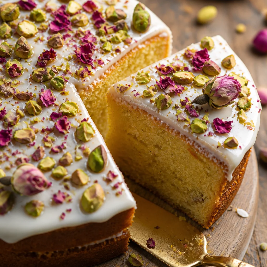Easy Rose Milk Cake with floral notes, cardamom, and topped with pistachios.