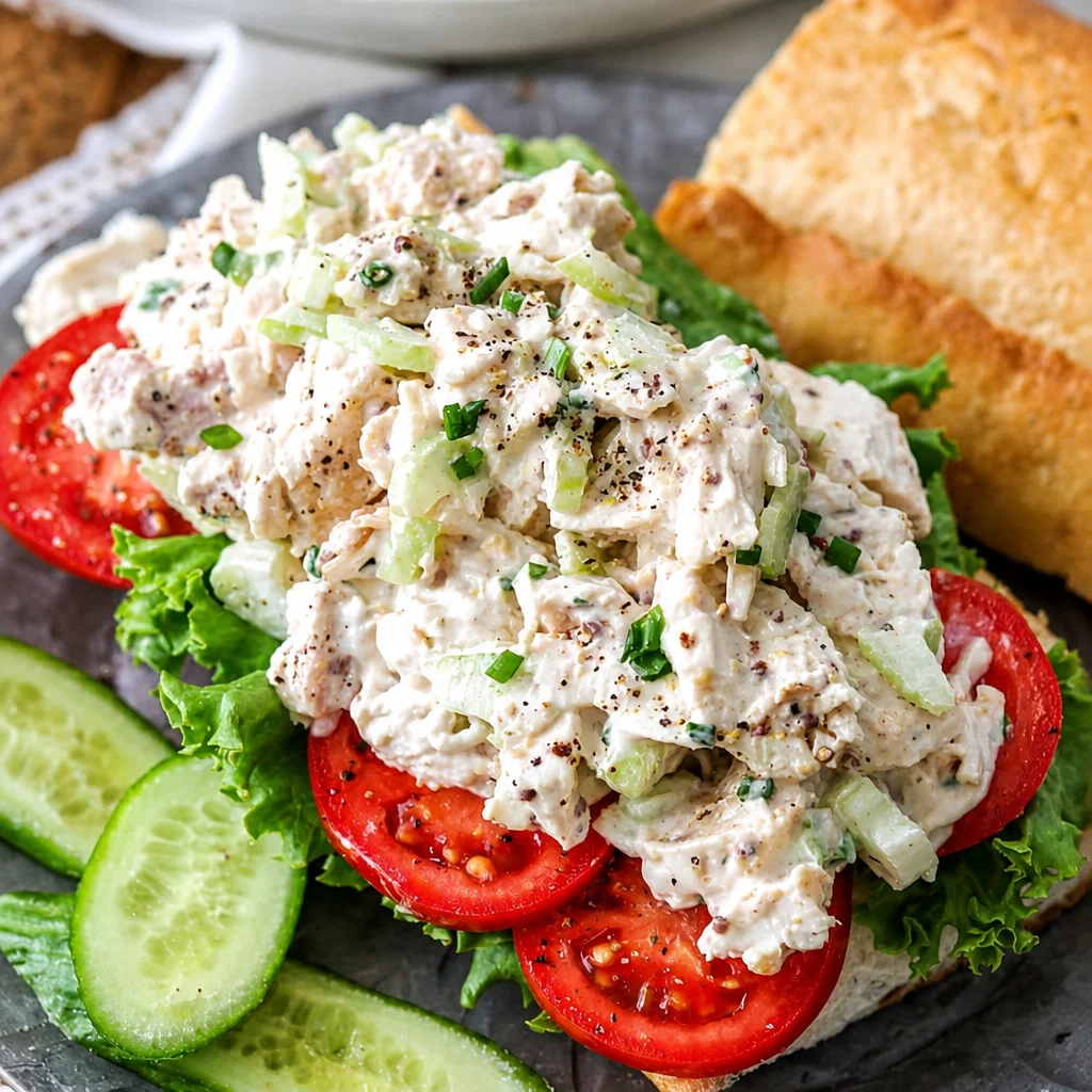 Easy Rotisserie Chicken Salad with shredded chicken, veggies, and creamy dressing