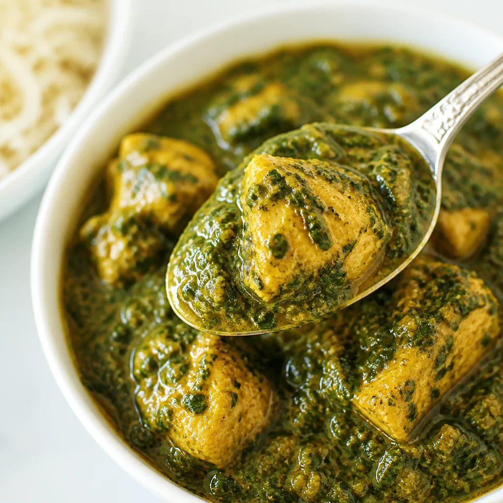 Delicious easy Saag Chicken curry with spinach and tender chicken pieces served in a bowl.