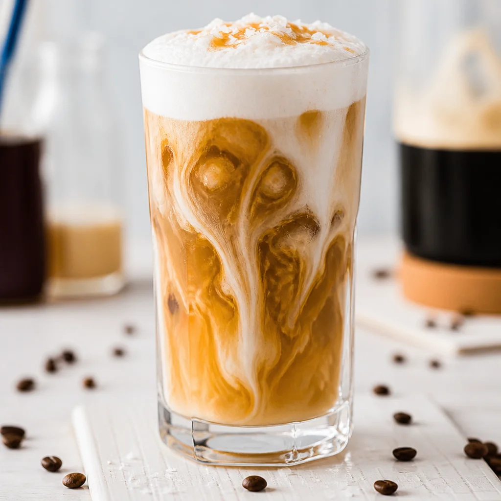 Easy Salted Caramel Cold Brew topped with creamy salted caramel foam.