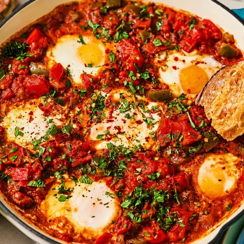 Delicious Easy Shakshuka Classic with poached eggs in spicy tomato sauce served in a skillet.