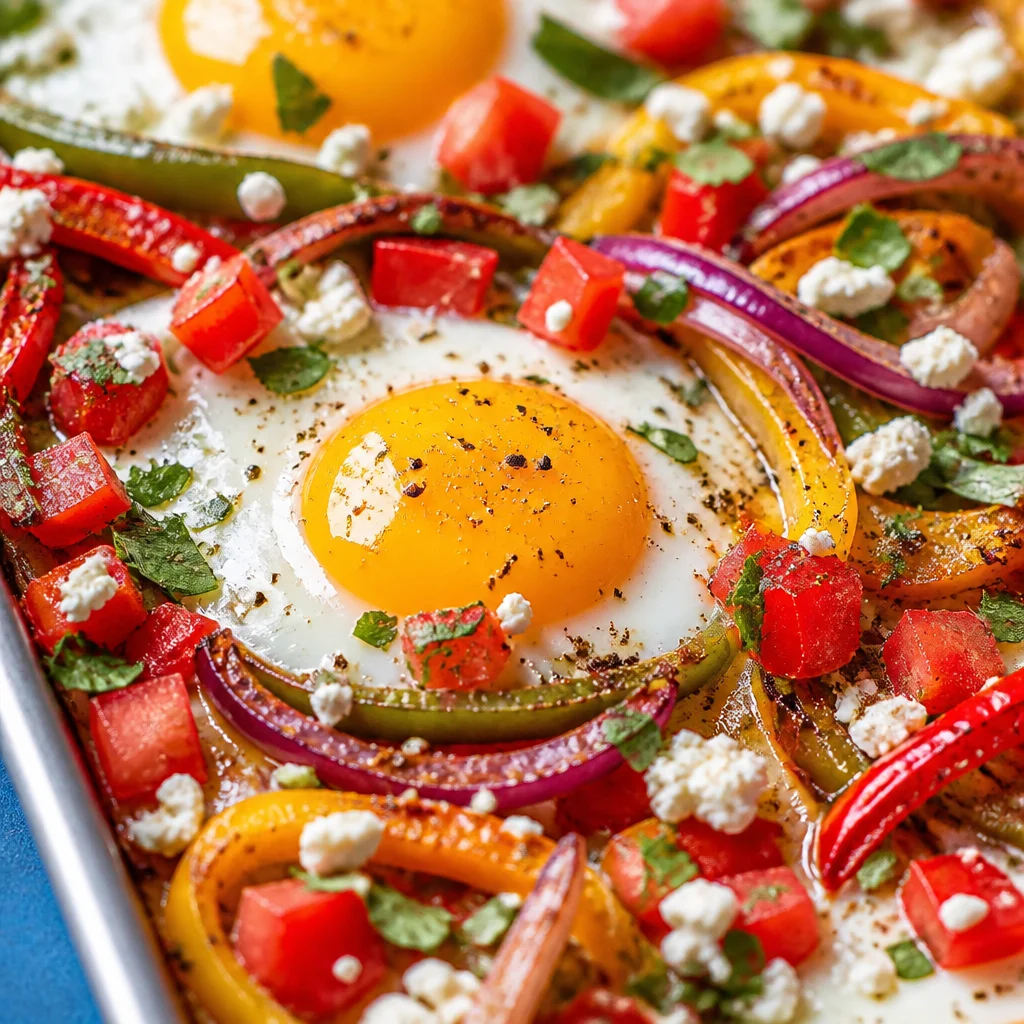 Baked sheet pan eggs with colorful veggies for a healthy breakfast option.