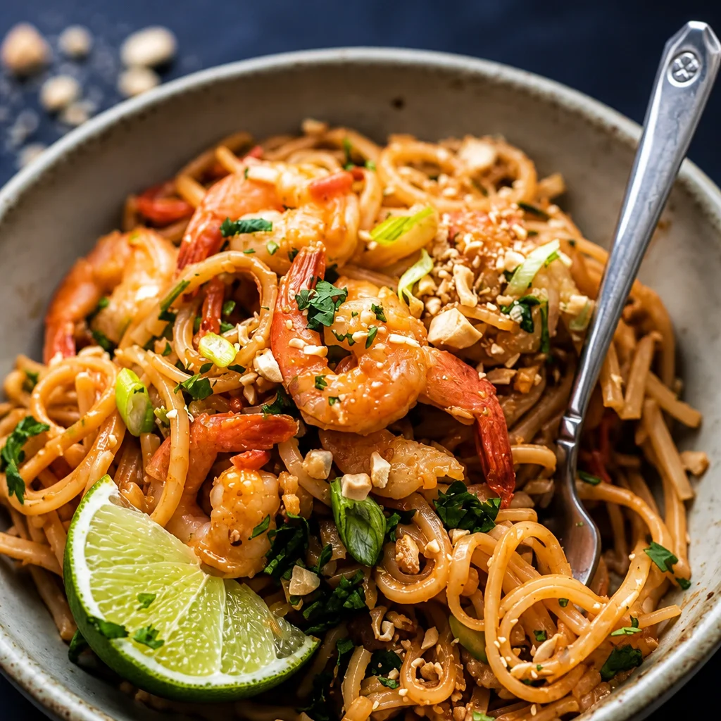 Easy Shrimp Pad Thai featuring rice noodles and peanut sauce in a vibrant dish.