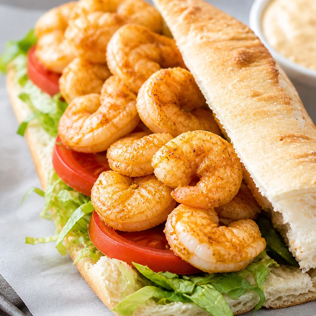 Easy Shrimp Po Boy with crispy fried shrimp and remoulade on a French baguette