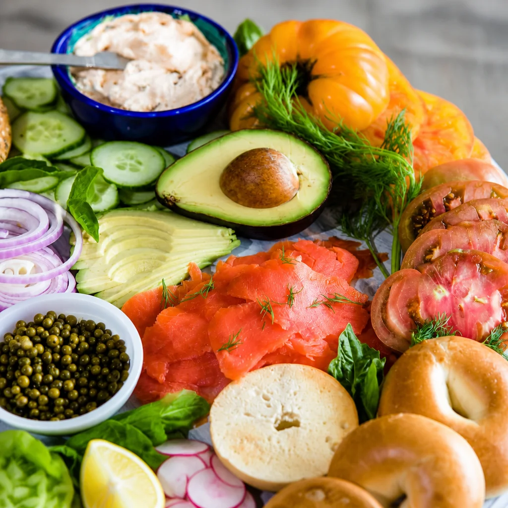 Easy Smoked Salmon Bagel Platter with lox spread, cream cheese, and fresh toppings.