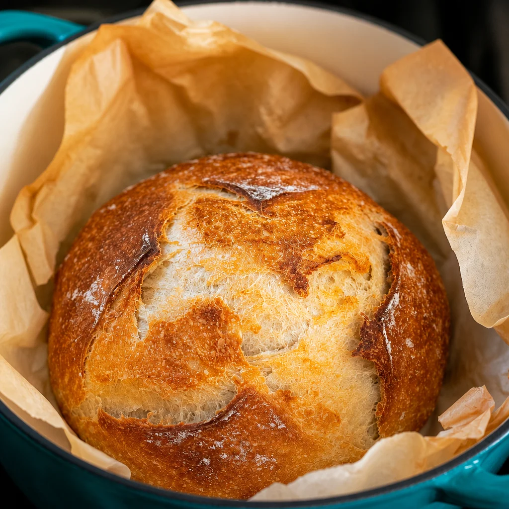 Easy sourdough bread loaf made with no knead method, perfect for beginners.
