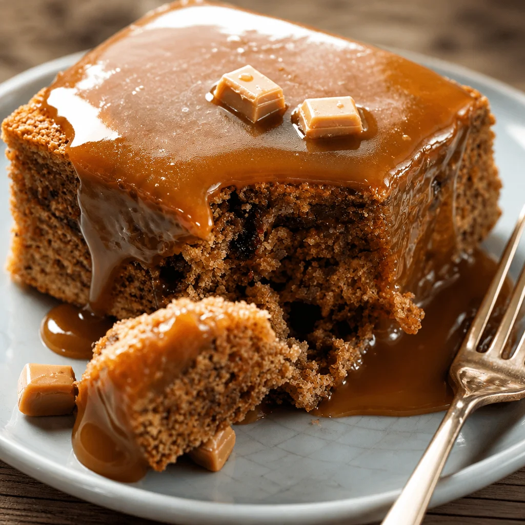 Delicious Easy Sticky Toffee Pudding with caramel sauce and chopped dates.