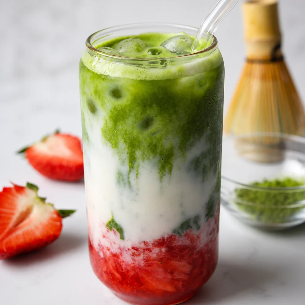 Easy Strawberry Matcha layered drink with strawberries, milk, and matcha green tea
