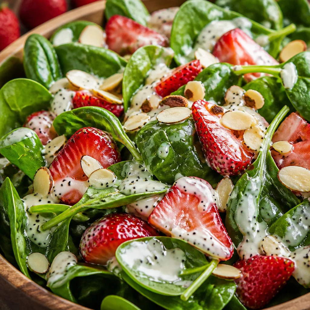 Easy Strawberry Spinach Salad with poppy seed dressing, strawberries, and feta cheese.
