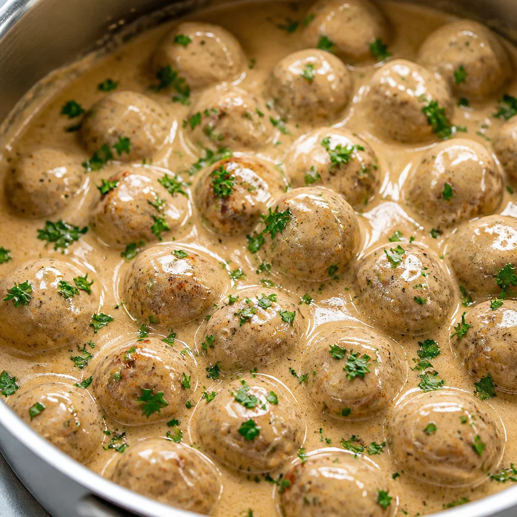 Delicious Easy Swedish Meatballs served with IKEA style creamy gravy.