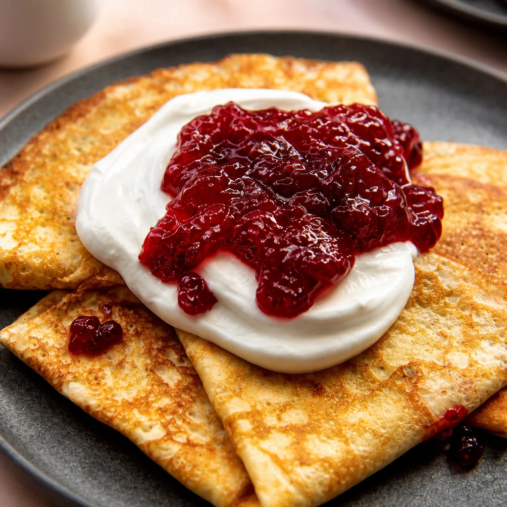 A stack of easy Swedish pancakes topped with syrup and berries on a plate.