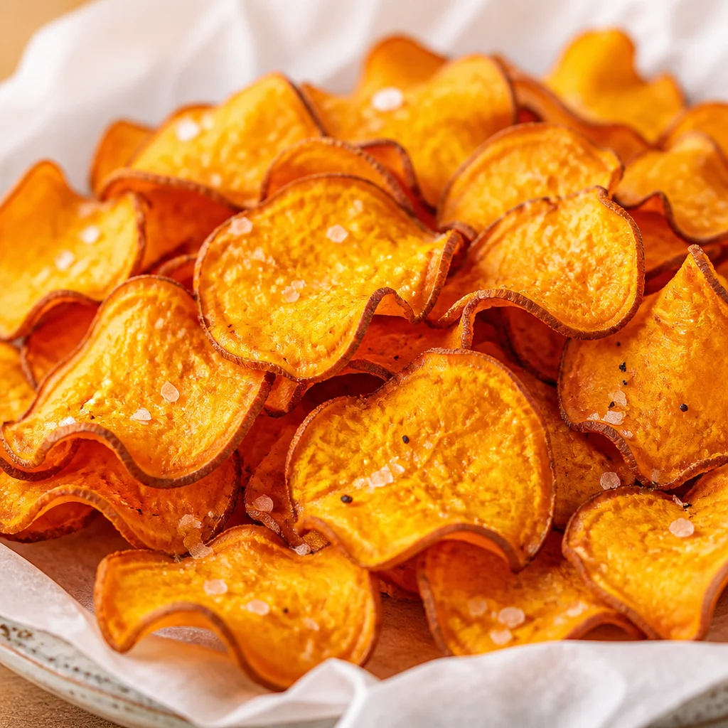 A close-up of crispy homemade air fryer sweet potato chips on a plate.