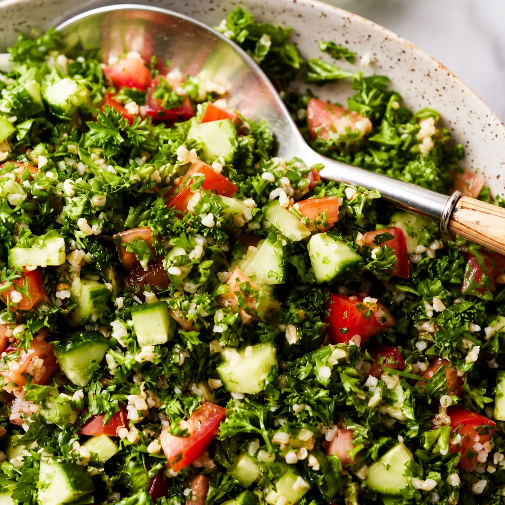 Fresh Easy Tabbouleh Salad with bulgur, parsley, and tomatoes served on a plate.