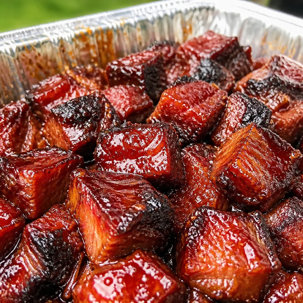 Delicious Texas Burnt Ends made from BBQ smoked brisket cubes in sweet sauce.