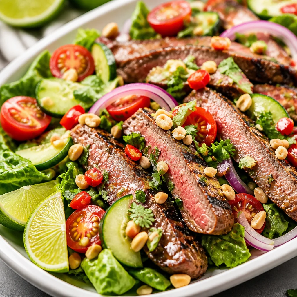 Easy Thai Beef Salad with Lemongrass, Chili, and Mint served on greens