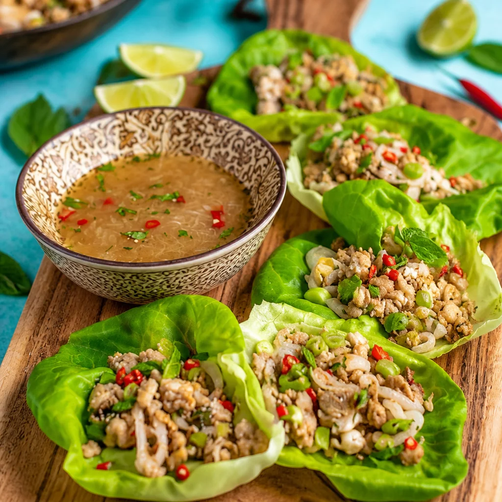 Easy Thai Lettuce Wraps with Ground Chicken served in crisp lettuce leaves